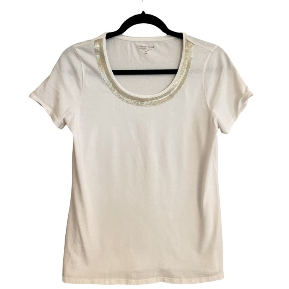 Coldwater Creek Women's White Supima Dressy Scoop Tee Gold Mesh Detail XS
